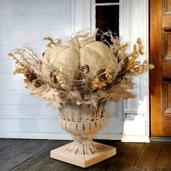 Harvest Accessories-National Tree Company Artificial Pumpkin Urn, Decorated With Pinecones, Berry Clusters, Branches, White, Autumn Collection, 18 In