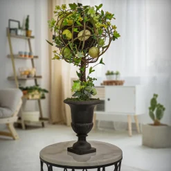 Easter Table Decor-National Tree Company Artificial Single Ball Topiary, Green, Decorated With Flower Blooms And Pastel Eggs, Vine, Spring Collection, 26 Inches