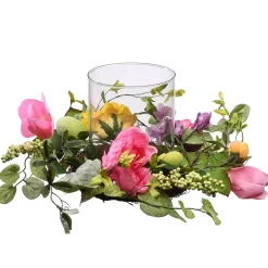 Easter Table Decor-National Tree Company Artificial Spring Candleholder, Decorated With Flower Blooms, Pastel Eggs, Berry Clusters, Easter Collection, 16 Inches