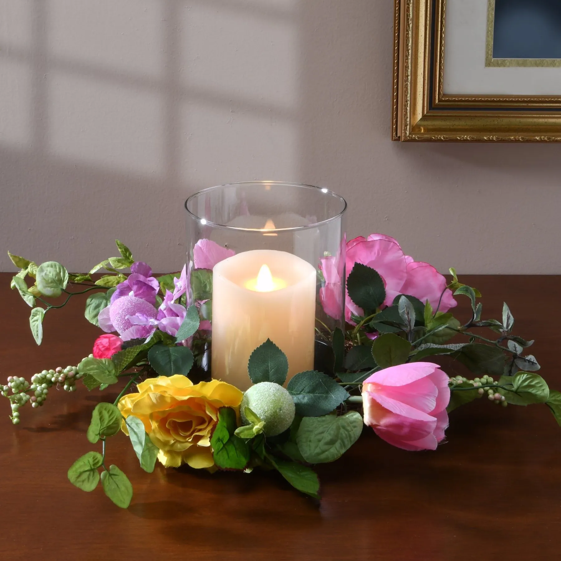 Easter Table Decor-National Tree Company Artificial Spring Candleholder, Decorated With Flower Blooms, Pastel Eggs, Berry Clusters, Easter Collection, 16 Inches