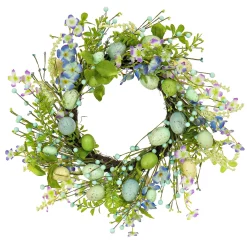 Easter Wreath-National Tree Company Artificial Spring Wreath, Woven Branch Base, Decorated With Blue Flower Blooms, Pastel Eggs, Berries, Easter Collection, 20 Inches