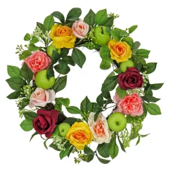 Flower Wreaths-National Tree Company Artificial Spring Wreath, Woven Branch Base, Decorated With Rose And Peony Blooms, Apples, Leafy Greens, Spring Collection, 22 Inches