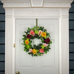 Flower Wreaths-National Tree Company Artificial Spring Wreath, Woven Branch Base, Decorated With Rose And Peony Blooms, Apples, Leafy Greens, Spring Collection, 22 Inches