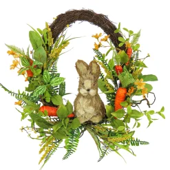 Easter Wreath-National Tree Company Artificial Spring Wreath, Woven Branch Base, Decorated With Wooden Bunny, Carrots, Leafy Greens, Berries, Easter Collection, 16 Inches