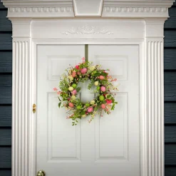 Easter Wreath-National Tree Company Artificial Spring Wreath, Woven Branch Base, Decorated With Pink Flower Blooms, Pastel Eggs, Berries, Easter Collection, 20 Inches