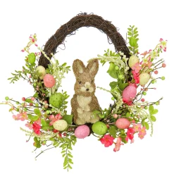 Easter Wreath-National Tree Company Artificial Spring Wreath, Woven Branch Base, Decorated With Wooden Bunny, Pink Flower Blooms, Pastel Eggs, Berries, Easter Collection, 16 Inches