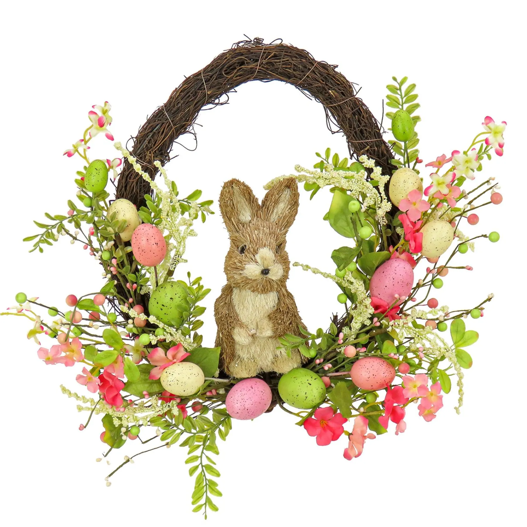 Easter Wreath-National Tree Company Artificial Spring Wreath, Woven Branch Base, Decorated With Wooden Bunny, Pink Flower Blooms, Pastel Eggs, Berries, Easter Collection, 16 Inches