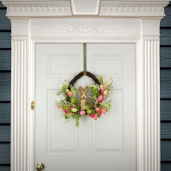 Easter Wreath-National Tree Company Artificial Spring Wreath, Woven Branch Base, Decorated With Wooden Bunny, Pink Flower Blooms, Pastel Eggs, Berries, Easter Collection, 16 Inches