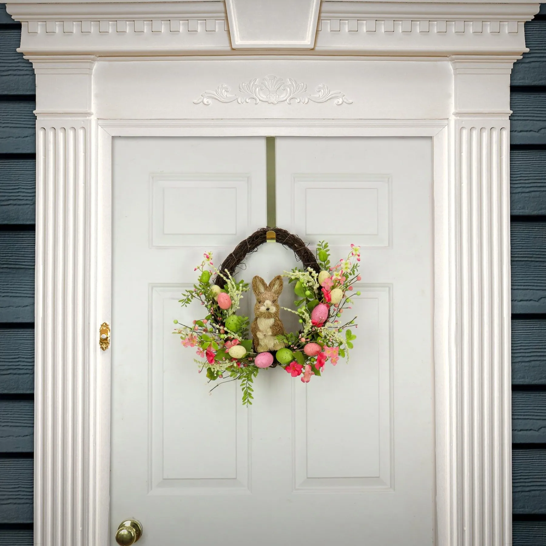 Easter Wreath-National Tree Company Artificial Spring Wreath, Woven Branch Base, Decorated With Wooden Bunny, Pink Flower Blooms, Pastel Eggs, Berries, Easter Collection, 16 Inches