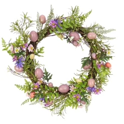 Easter Wreath-National Tree Company Artificial Spring Wreath, Woven Branch Base, Decorated With Pink Pastel Eggs, Purple Flowers, Ferns, Leafy Greens, Easter Collection, 22 Inches
