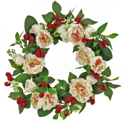 Flower Wreaths-National Tree Company Artificial Spring Wreath, Woven Branch Base, Decorated With Peony Flowers, Raspberries, Leafy Greens, Spring Collection, 22 Inches
