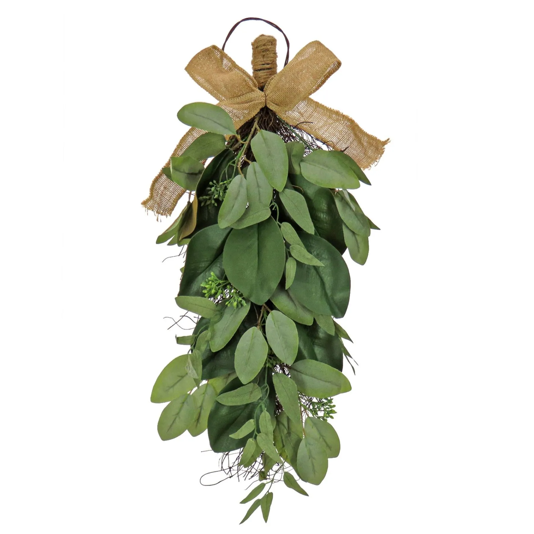 Greenery Wreaths-National Tree Company Artificial Teardrop Wall Hanging Decoration, Green, Woven Branch Base, Decorated With Eucalyptus Leaves, Magnolia Blooms, Flowing Green Stems, Spring Collection, 26 Inches