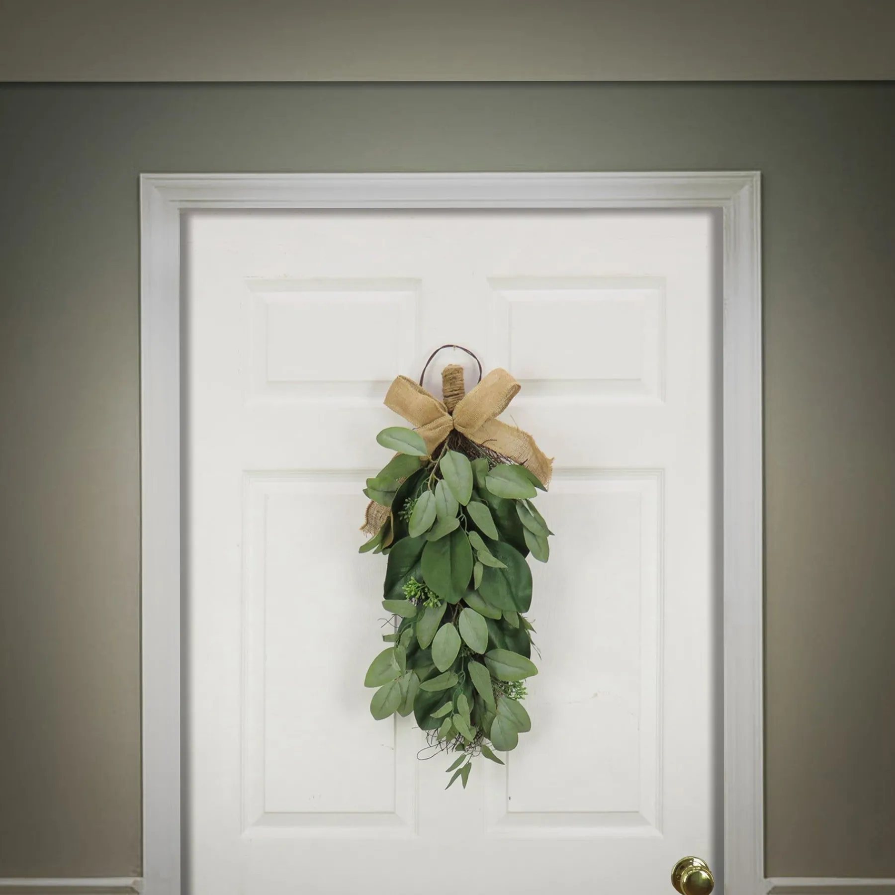 Greenery Wreaths-National Tree Company Artificial Teardrop Wall Hanging Decoration, Green, Woven Branch Base, Decorated With Eucalyptus Leaves, Magnolia Blooms, Flowing Green Stems, Spring Collection, 26 Inches