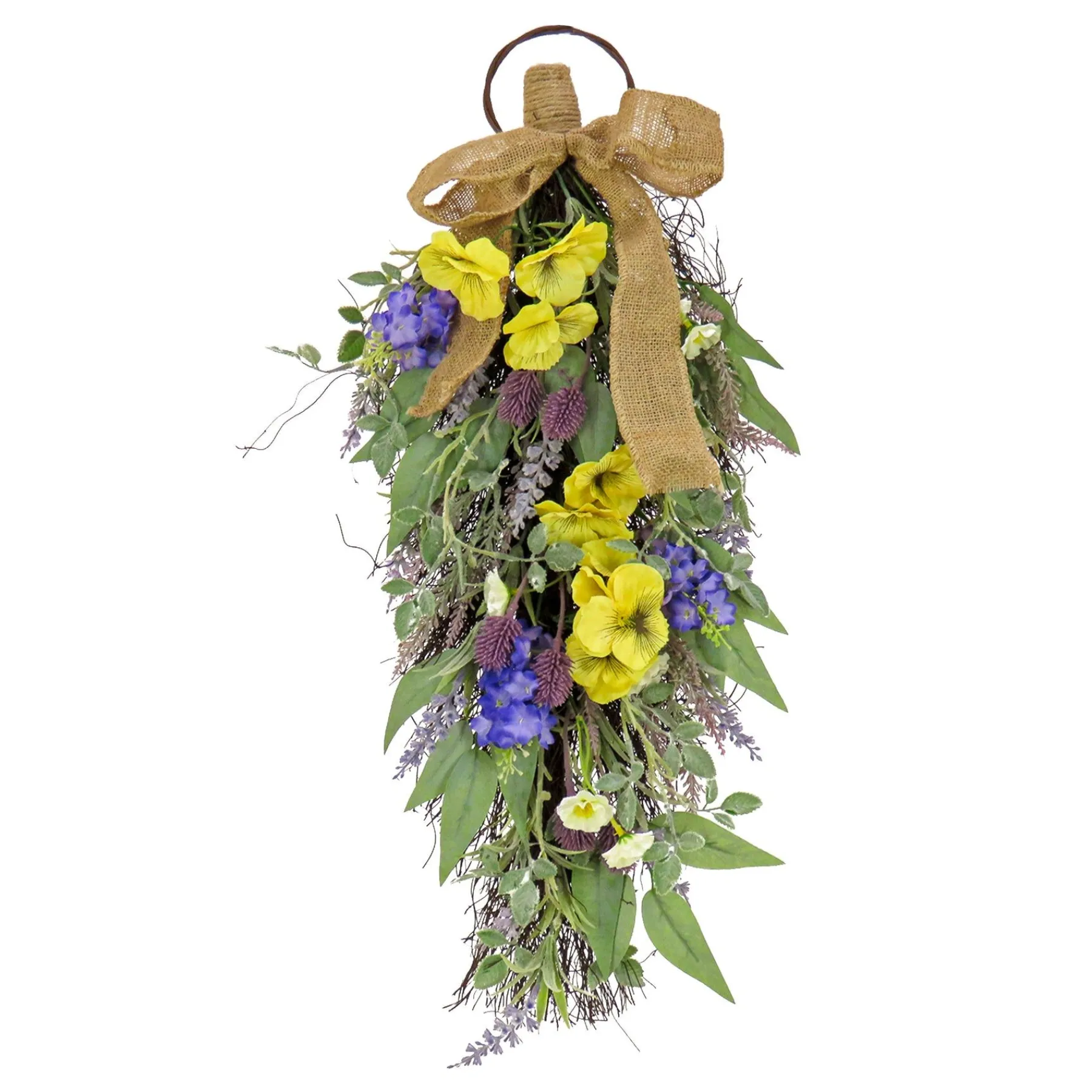 Greenery Wreaths-National Tree Company Artificial Teardrop Wall Hanging Decoration, Yellow, Woven Branch Base, Decorated With Pansy Blooms, Lavender, Assorted Blossoms, Flowing Green Stems, Spring Collection, 26 Inches