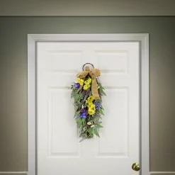 Greenery Wreaths-National Tree Company Artificial Teardrop Wall Hanging Decoration, Yellow, Woven Branch Base, Decorated With Pansy Blooms, Lavender, Assorted Blossoms, Flowing Green Stems, Spring Collection, 26 Inches