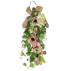 Greenery Wreaths-National Tree Company Artificial Teardrop Wall Hanging Decoration, Pink, Woven Branch Base, Decorated With Hydrangea And Tulip Blooms, Eucalyptus Leaves, Flowing Green Stems, Spring Collection, 26 Inches
