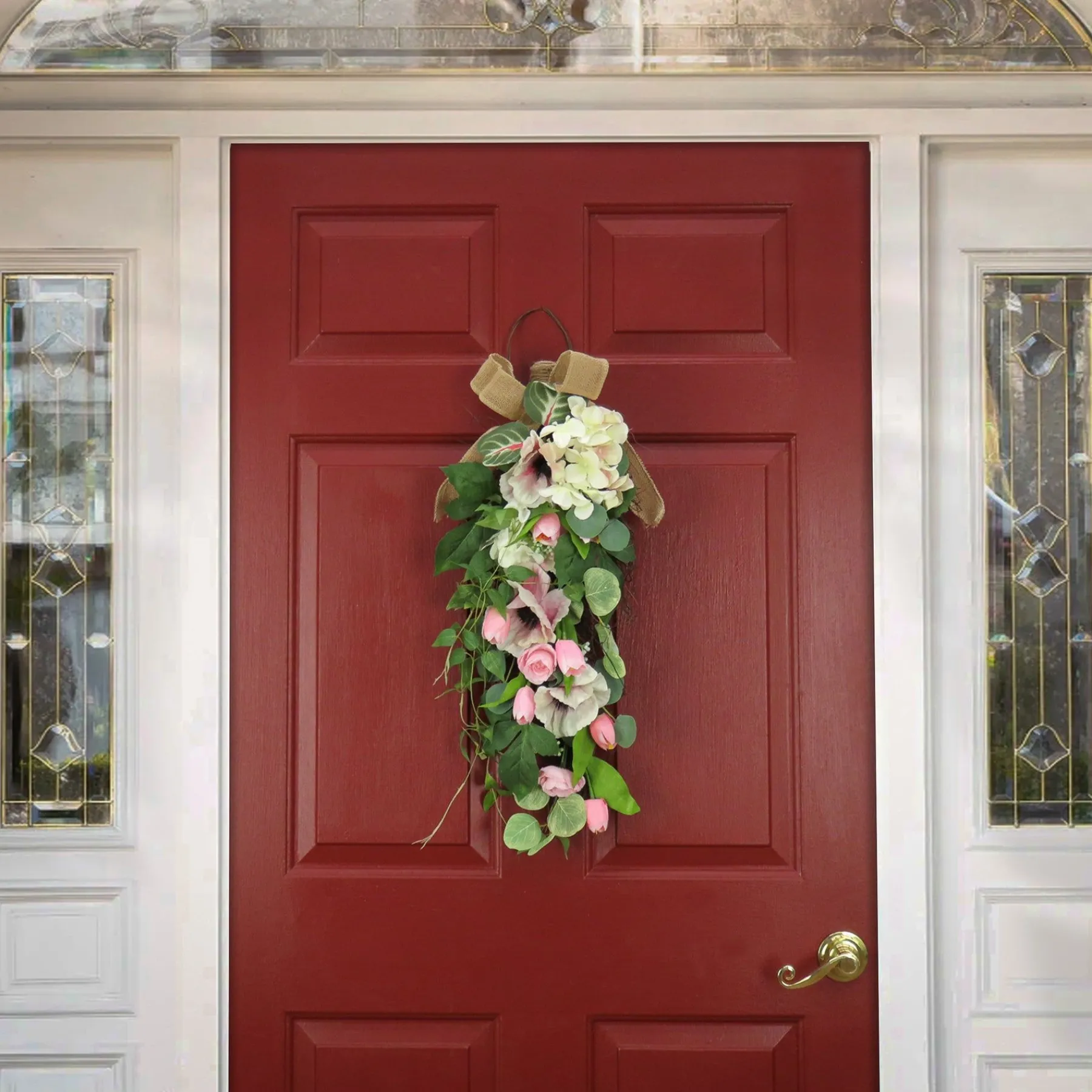 Greenery Wreaths-National Tree Company Artificial Teardrop Wall Hanging Decoration, Pink, Woven Branch Base, Decorated With Hydrangea And Tulip Blooms, Eucalyptus Leaves, Flowing Green Stems, Spring Collection, 26 Inches