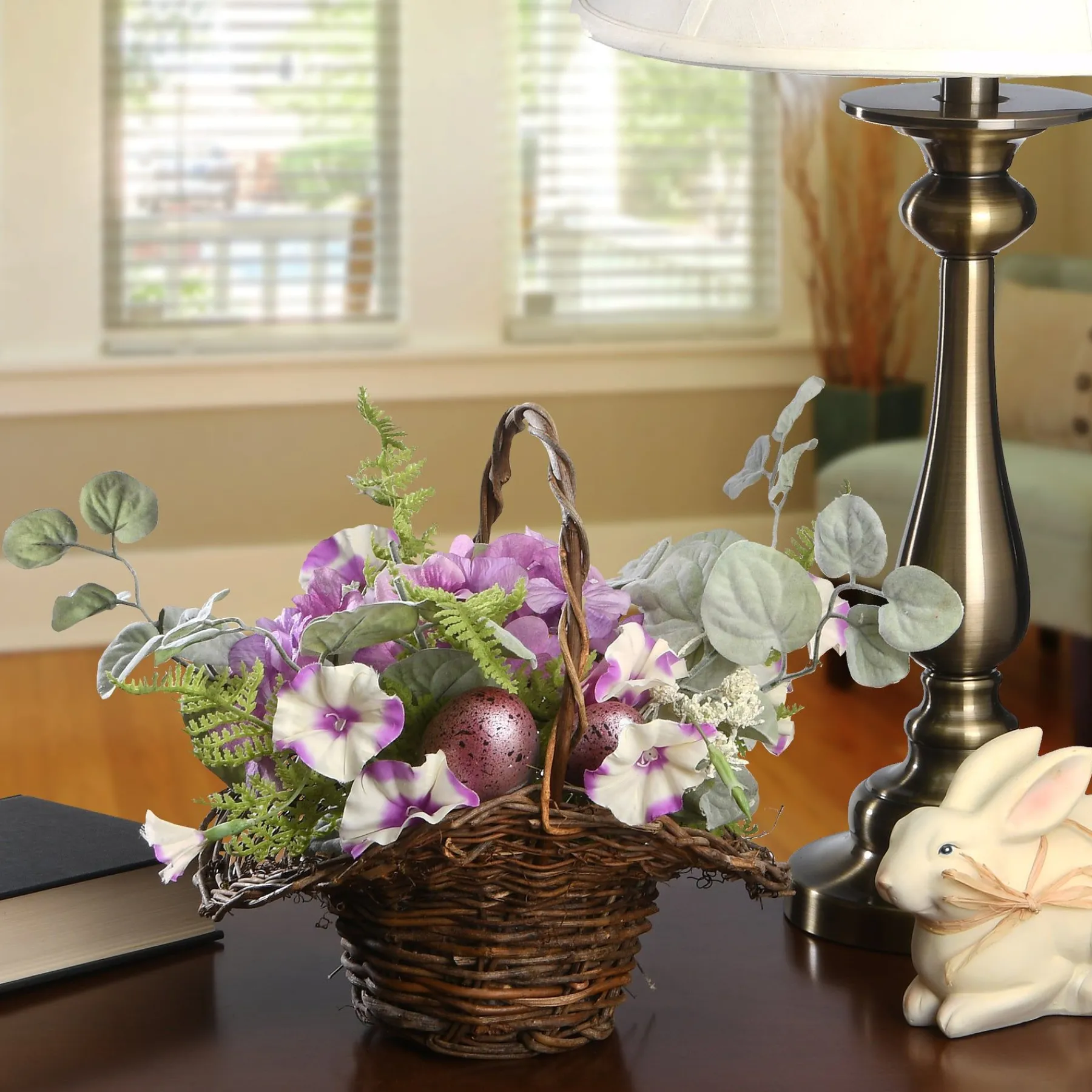 Easter Table Decor-National Tree Company Artificial Wicker Spring Basket, White, Filled With Eggs, Leaves, Flower Blooms, Easter Collection, 16 Inches
