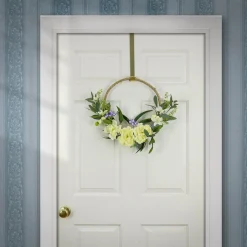 Flower Wreaths-National Tree Company Artificial Wreath Decoration, Cream, Woven Hoop Ring Base, Decorated With Peony Flower Blooms, Mini Blossoms, Seed Pods, Flowing Green Stems, Spring Collection, 18 Inches