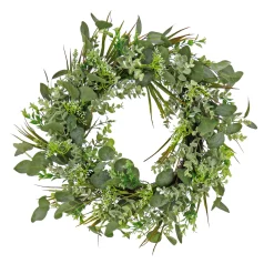 Greenery Wreaths-National Tree Company Artificial Wreath Decoration, Green, Woven Branch Base, Decorated With Eucalyptus Leaves, Flowing Green Stems, Spring Collection, 22 Inches