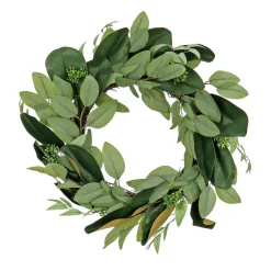 Greenery Wreaths-National Tree Company Artificial Wreath Decoration, Green, Woven Branch Base, Decorated With Eucalyptus Leaves, Magnolia Blooms, Flowing Green Stems, Spring Collection, 22 Inches