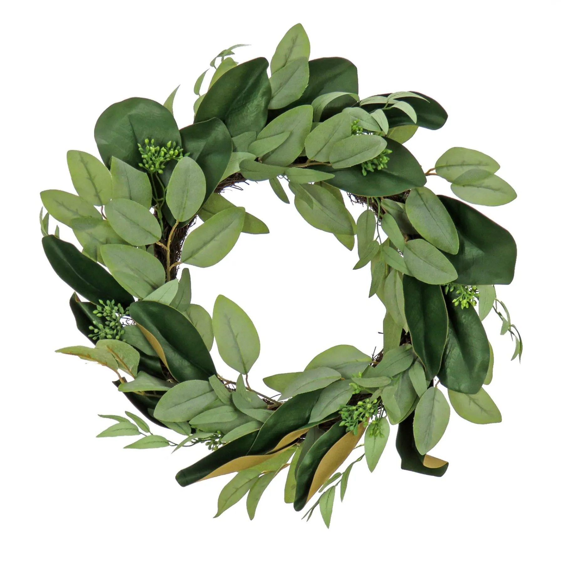 Greenery Wreaths-National Tree Company Artificial Wreath Decoration, Green, Woven Branch Base, Decorated With Eucalyptus Leaves, Magnolia Blooms, Flowing Green Stems, Spring Collection, 22 Inches
