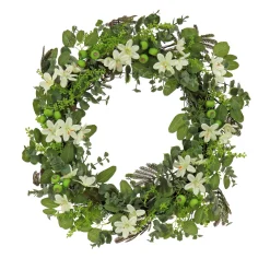 Flower Wreaths-National Tree Company Artificial Wreath Decoration, Green, Woven Branch Base, Decorated With Mixed Flower Blooms, Flowing Green Stems, Spring Collection, 24 Inches