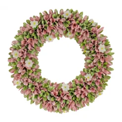 Flower Wreaths-National Tree Company Artificial Wreath Decoration, Pink, Lightweight Foam Base, Decorated With Pink And Green Assorted Wood Cut Flowers, Flowing Green Leaves, Spring Collection, 18 Inches