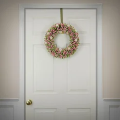 Flower Wreaths-National Tree Company Artificial Wreath Decoration, Pink, Lightweight Foam Base, Decorated With Pink And Green Assorted Wood Cut Flowers, Flowing Green Leaves, Spring Collection, 18 Inches