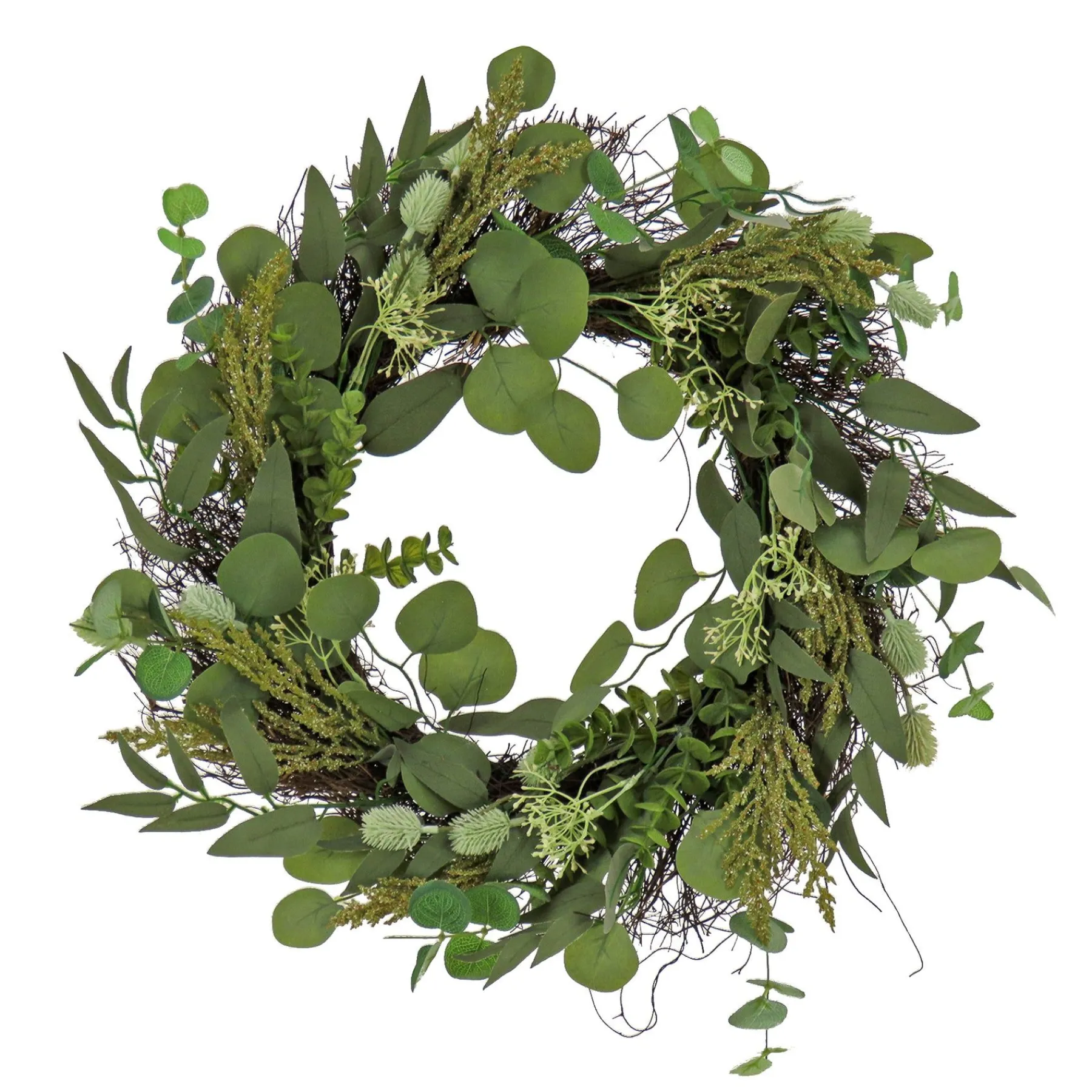 Greenery Wreaths-National Tree Company Artificial Wreath Decoration, Green, Woven Branch Base, Decorated With Eucalyptus Leaves, Baby'S Breath, Flowing Green Stems, Spring Collection, 22 Inches