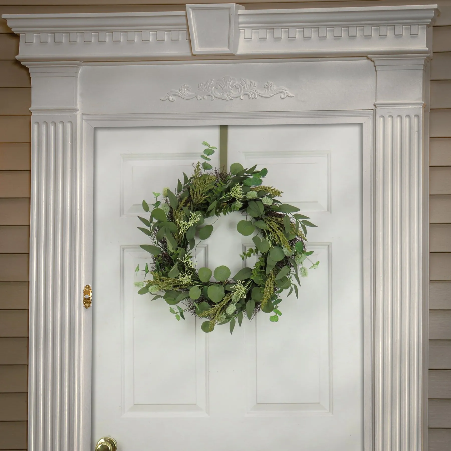Greenery Wreaths-National Tree Company Artificial Wreath Decoration, Green, Woven Branch Base, Decorated With Eucalyptus Leaves, Baby'S Breath, Flowing Green Stems, Spring Collection, 22 Inches