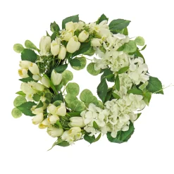 Flower Wreaths-National Tree Company Artificial Wreath Decoration, Cream, Woven Branch Base, Decorated With Tulip And Buttercup Blooms, Seed Pods, Flowing Green Stems, Spring Collection, 22 Inches