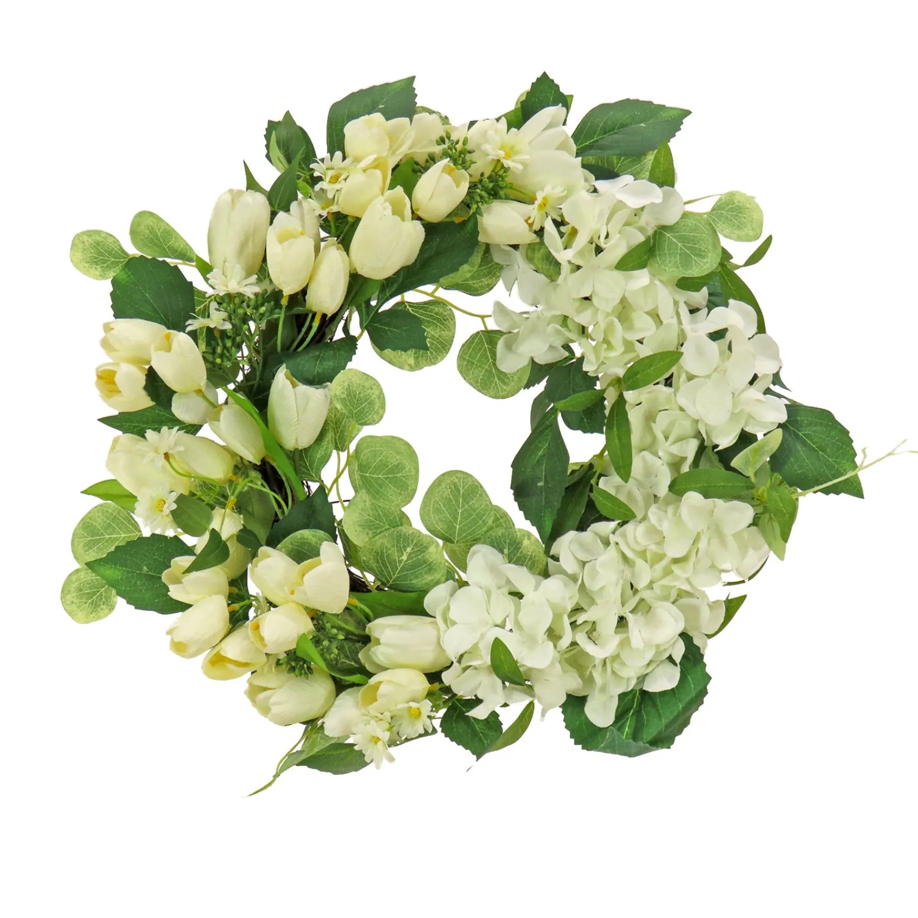 Flower Wreaths-National Tree Company Artificial Wreath Decoration, Cream, Woven Branch Base, Decorated With Tulip And Buttercup Blooms, Seed Pods, Flowing Green Stems, Spring Collection, 22 Inches