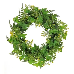 Greenery Wreaths-National Tree Company Artificial Wreath Decoration, Green, Woven Branch Base, Decorated With Ivy And Fern Leaves, Seed Pods, Flowing Green Stems, Spring Collection, 24 Inches