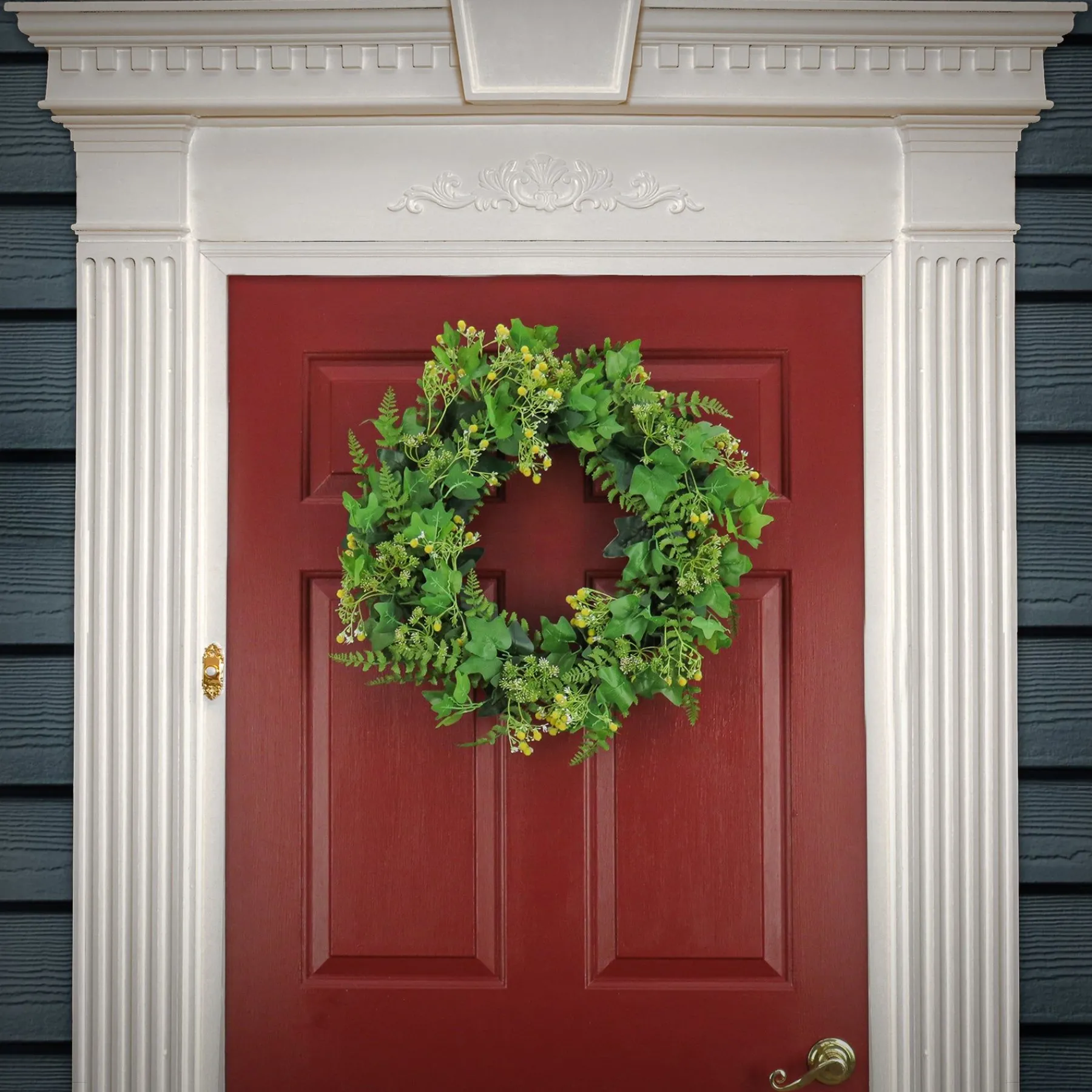 Greenery Wreaths-National Tree Company Artificial Wreath Decoration, Green, Woven Branch Base, Decorated With Ivy And Fern Leaves, Seed Pods, Flowing Green Stems, Spring Collection, 24 Inches