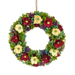 Flower Wreaths-National Tree Company Artificial Wreath Decoration, Red, Lightweight Foam Base, Decorated With Red And Cream Assorted Wood Cut Flowers, Flowing Green Leaves, Spring Collection, 18 Inches
