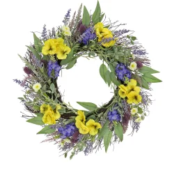 Flower Wreaths-National Tree Company Artificial Wreath Decoration, Yellow, Woven Branch Base, Decorated With Pansy Blooms, Lavender, Assorted Blossoms, Flowing Green Stems, Spring Collection, 22 Inches