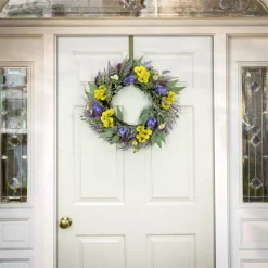 Flower Wreaths-National Tree Company Artificial Wreath Decoration, Yellow, Woven Branch Base, Decorated With Pansy Blooms, Lavender, Assorted Blossoms, Flowing Green Stems, Spring Collection, 22 Inches