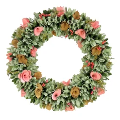 Flower Wreaths-National Tree Company Artificial Wreath Decoration, Multi, Lightweight Foam Base, Decorated With Pink And Brown Assorted Wood Cut Flowers, Flowing Green Leaves, Spring Collection, 18 Inches