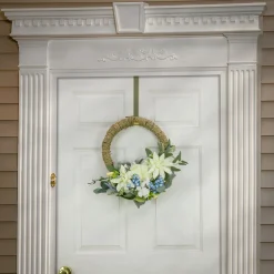Flower Wreaths-National Tree Company Artificial Wreath Decoration, Blue, Woven Hoop Ring Base, Decorated With Dahlia, Peony And Hydrangea Blooms, Seed Pods, Flowing Green Stems, Spring Collection, 20 Inches
