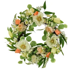 Flower Wreaths-National Tree Company Artificial Wreath Decoration, Pink, Woven Branch Base, Decorated With Tulip Blooms, Poppies, Buttercup Blossoms, Flowing Green Stems, Spring Collection, 22 Inches