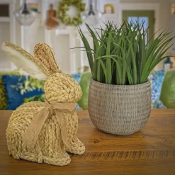 Easter Table Decor-National Tree Company Braided Bunny Table Decoration, Made From Woven Cornhusk, Decorated With Woven Ribbon, Easter Collection, 9 Inches