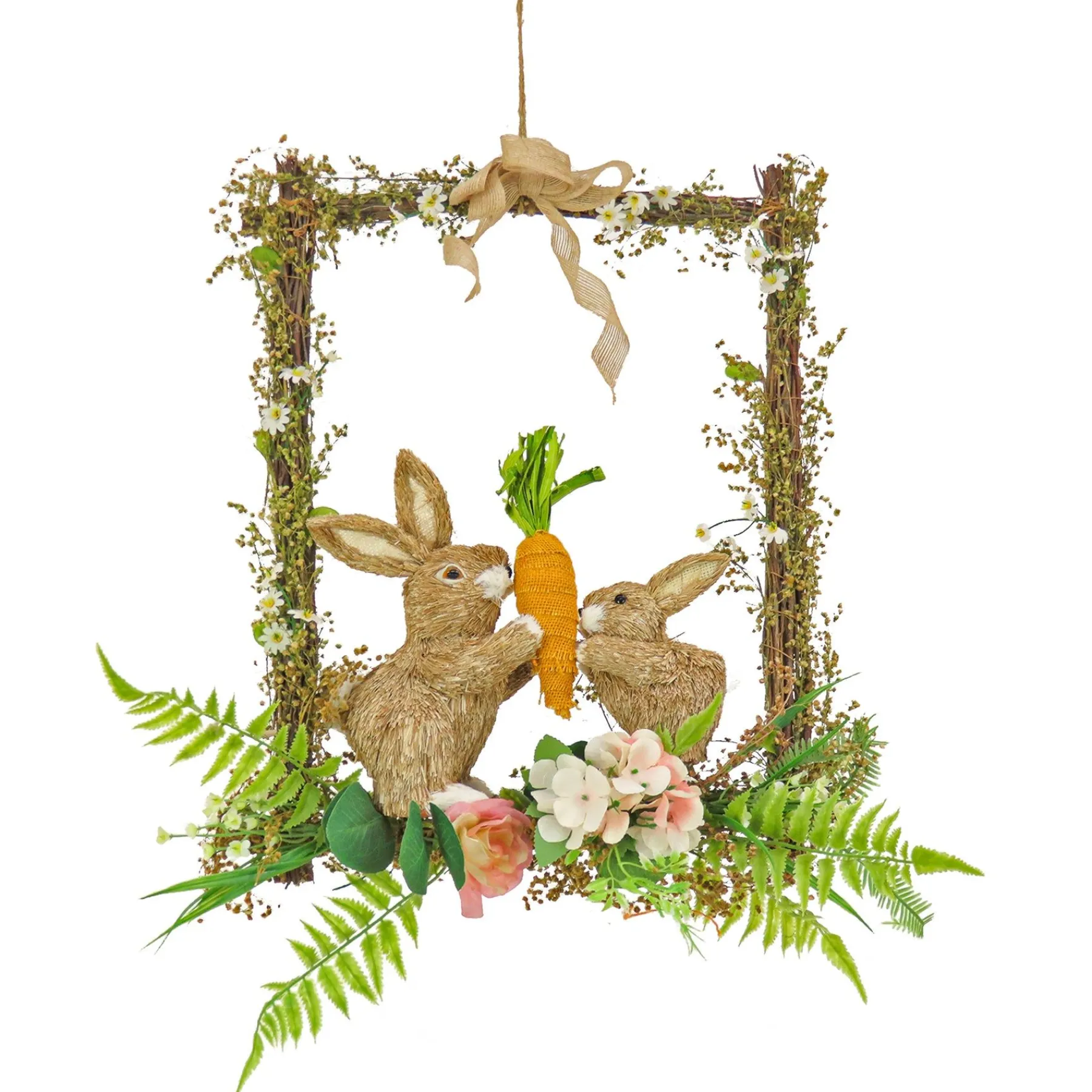 Easter Wall Decor-National Tree Company Bunnies Hanging Wall Decoration, Wooden Base, Decorated With Two Bunnies, Carrots, Flower Blooms, Leafy Greens, Easter Collection, 14 Inches
