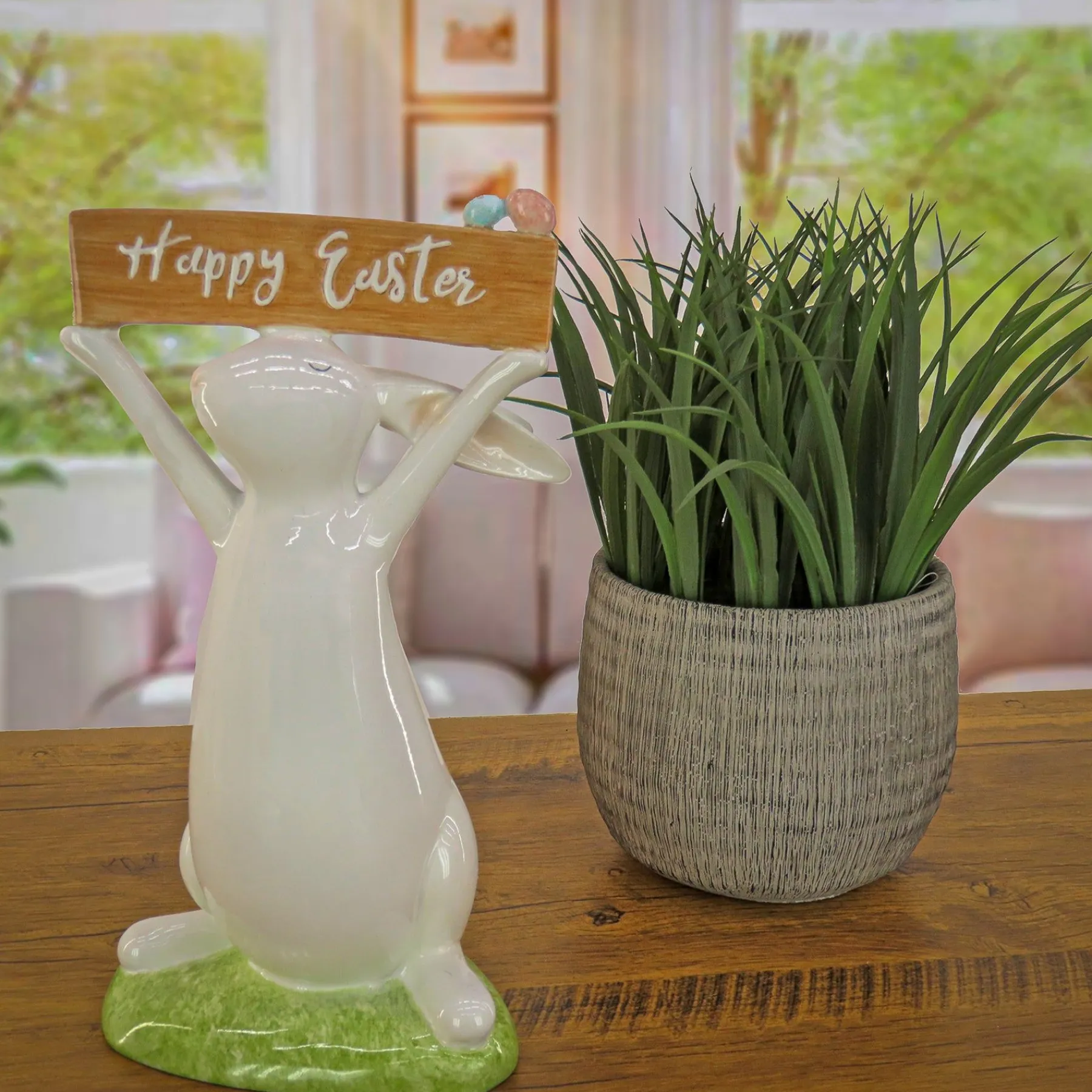 Easter Table Decor-National Tree Company Easter Bunny With Sign Table Decoration, White, Easter Collection, 11 Inches