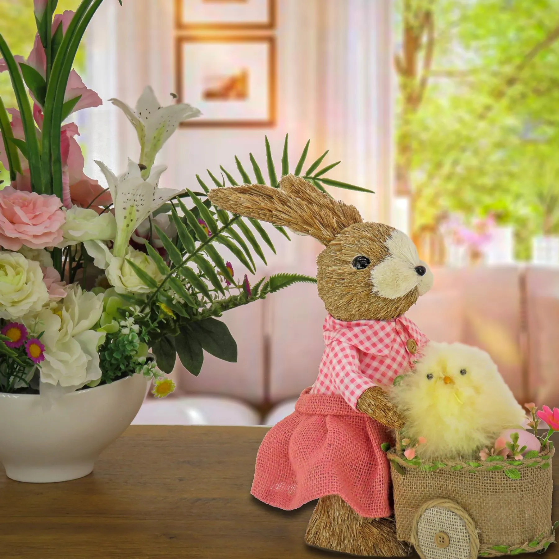 Easter Table Decor-National Tree Company Female Bunny With Wagon Table Decoration, Decorated With Pastel Eggs, Chick, Easter Collection, 14 Inches
