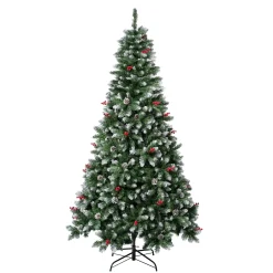 7Ft - 9Ft-National Tree Company First Frosted Traditions Christmas Tree With Hinged Branches, Pinecones And Red Berries, 7.5 Ft
