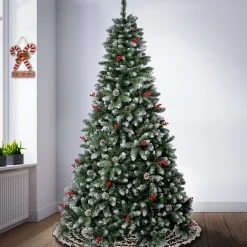 7Ft - 9Ft-National Tree Company First Frosted Traditions Christmas Tree With Hinged Branches, Pinecones And Red Berries, 7.5 Ft