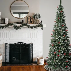 Slim-National Tree Company First Frosted Traditions Slim Christmas Tree With Hinged Branches, Pinecones And Red Berries, 7.5 Ft