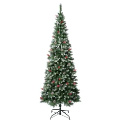 7Ft - 9Ft-National Tree Company First Frosted Traditions Slim Christmas Tree With Hinged Branches, Pinecones And Red Berries, 7.5 Ft