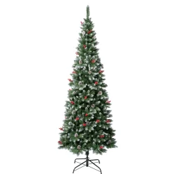 National Tree Company Slim^First Frosted Traditions Slim Christmas Tree With Hinged Branches, Pinecones And Red Berries, 7.5 Ft